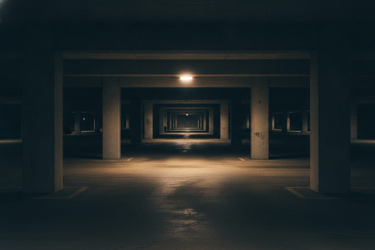 A dimly lit parking structure, representing negligent security and sexual assault cases.