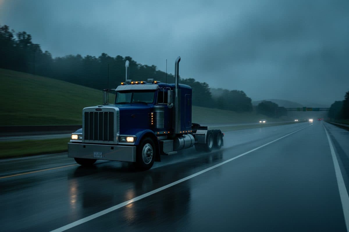 A tractor-trailer on a Georgia highway at dusk, representing commercial truck accident cases.